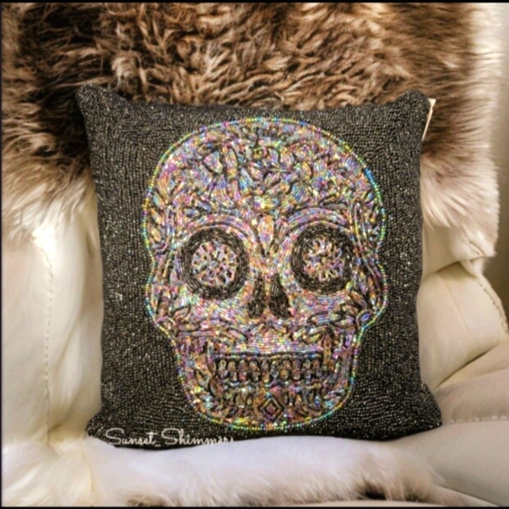 Sparkly Iridescent Beaded Sugar Skull Throw Pillow Day of the dead Halloween New